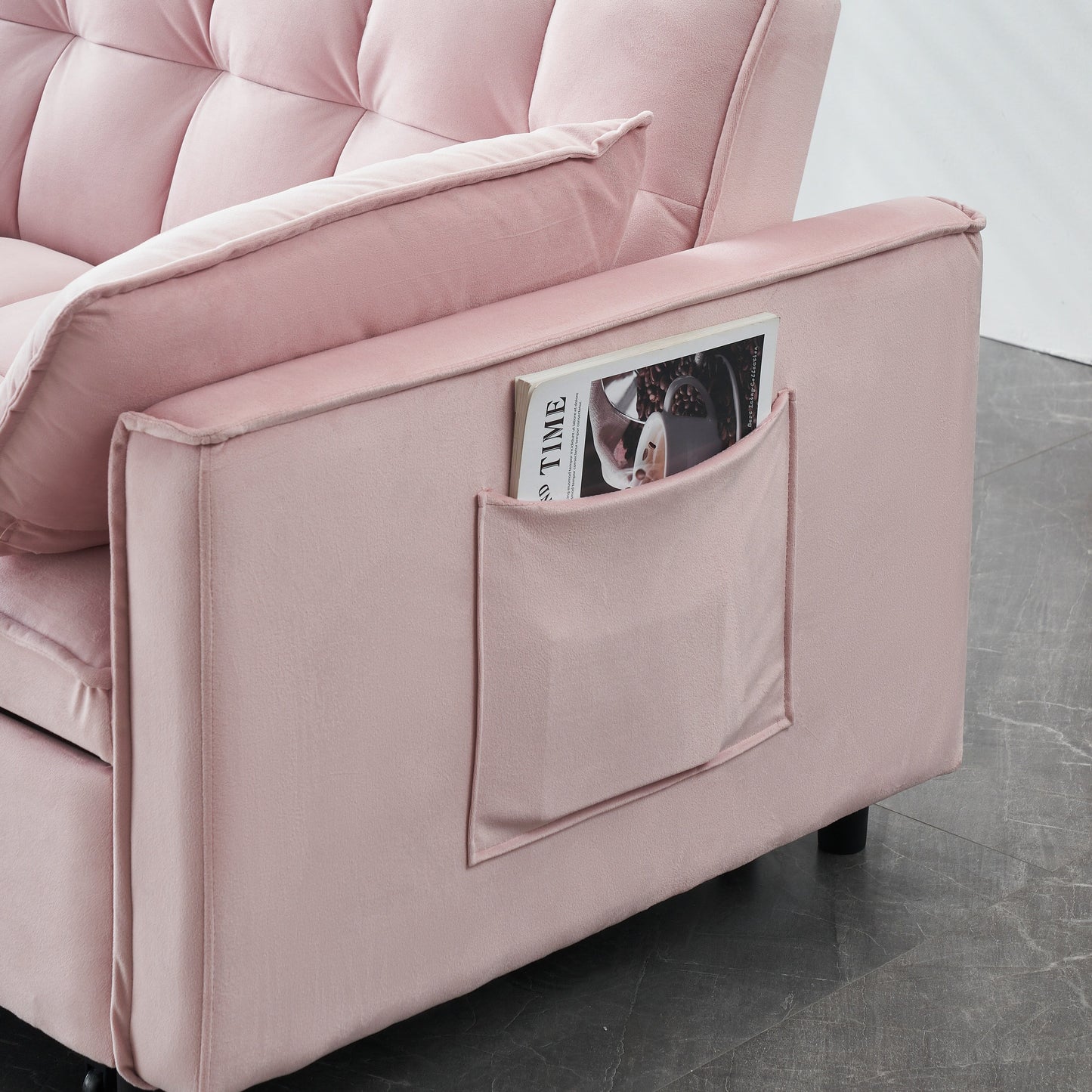 Pink Velvet Loveseat Convertible Sofa Bed with Backrest and Pillows