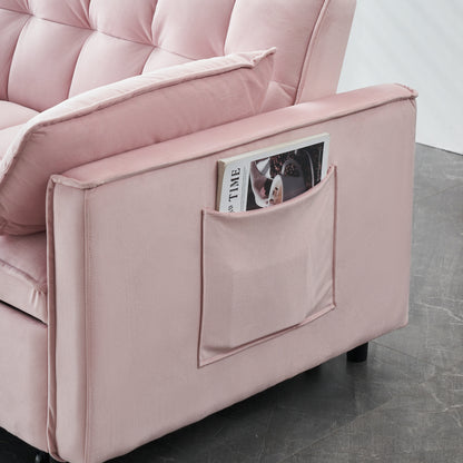 Pink Velvet Loveseat Convertible Sofa Bed with Backrest and Pillows