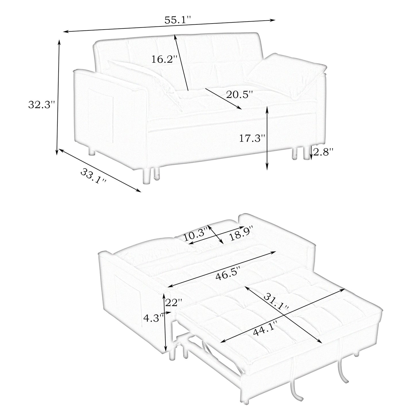 Pink Velvet Loveseat Pull-Out Sofa Bed with Adjustable Back