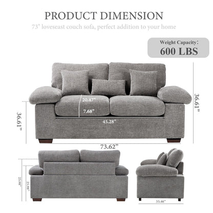 Plush Chenille Loveseat 73 - Includes Bonus 3 Pillows & Removable Back Cushion - Living Room 2-Seater Sofa