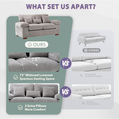 Plush Chenille Loveseat 73 - Includes Bonus 3 Pillows & Removable Back Cushion - Living Room 2-Seater Sofa