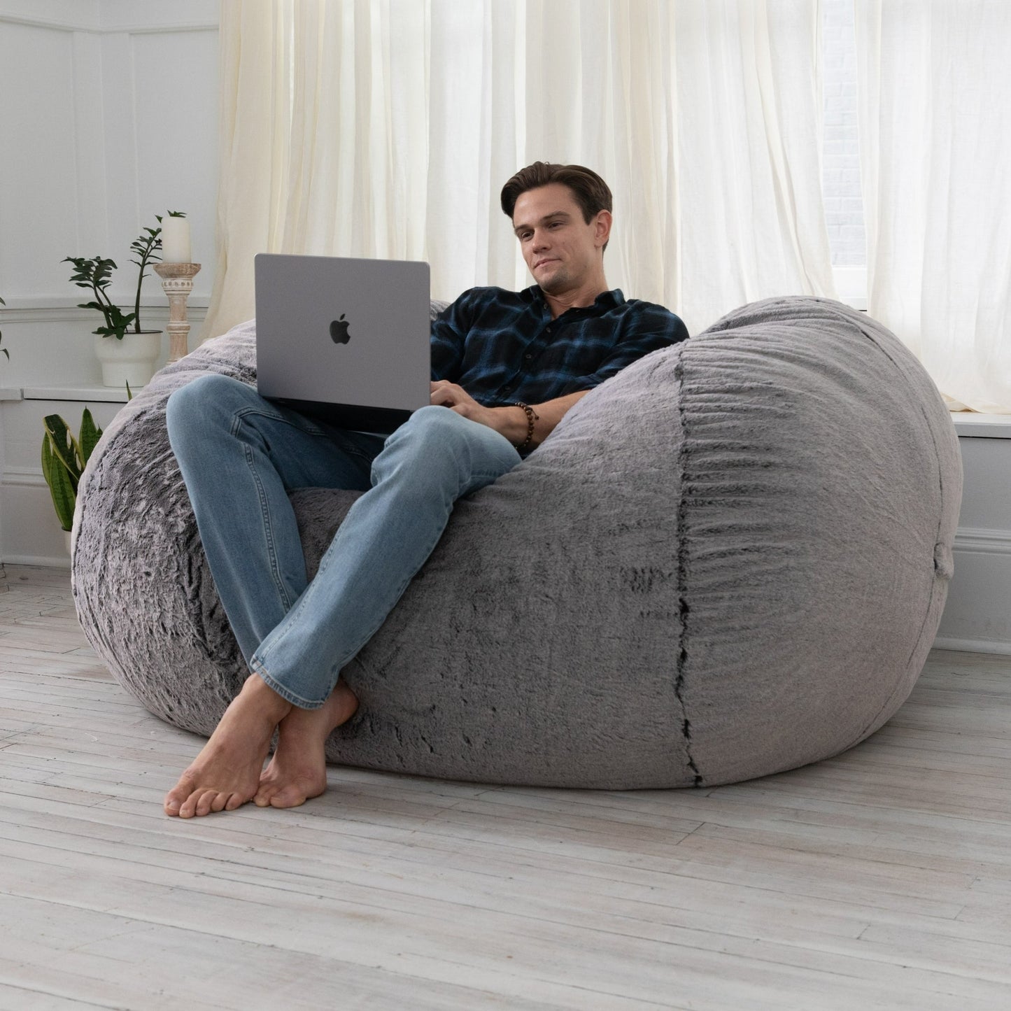 Plush Faux Fur Bean Bag Loveseat - 64 - Wolf Gray