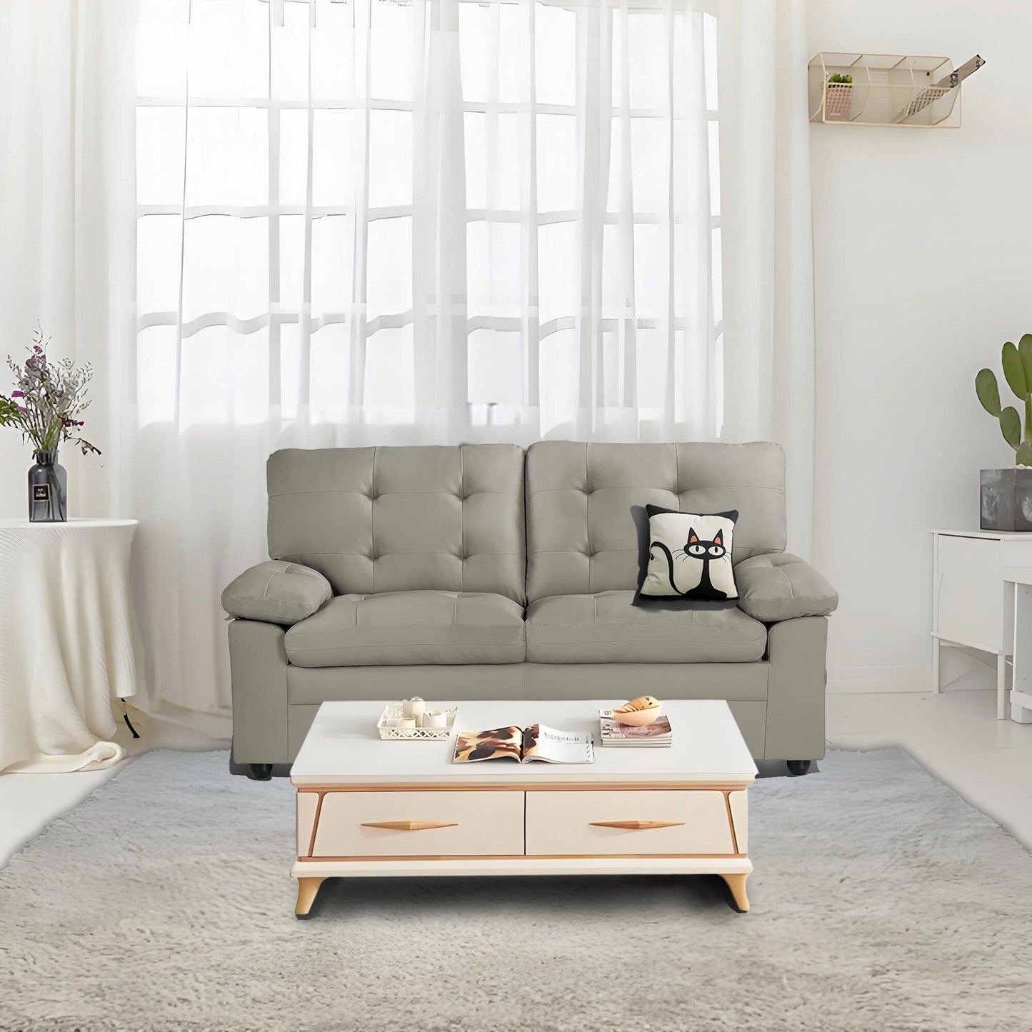 Plush Upholstered Loveseat with Faux Leather, Tufted Back, and Padded Arms - Cozy Seating for Living Room or Family Room.