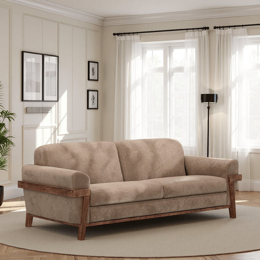 Pola Sofa, Light Brown Polyester, Foam Cushions, Solid Pine Wood, 95 Inch