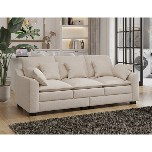 Polyester 3-seater Sofa with Pillows and Wood Legs