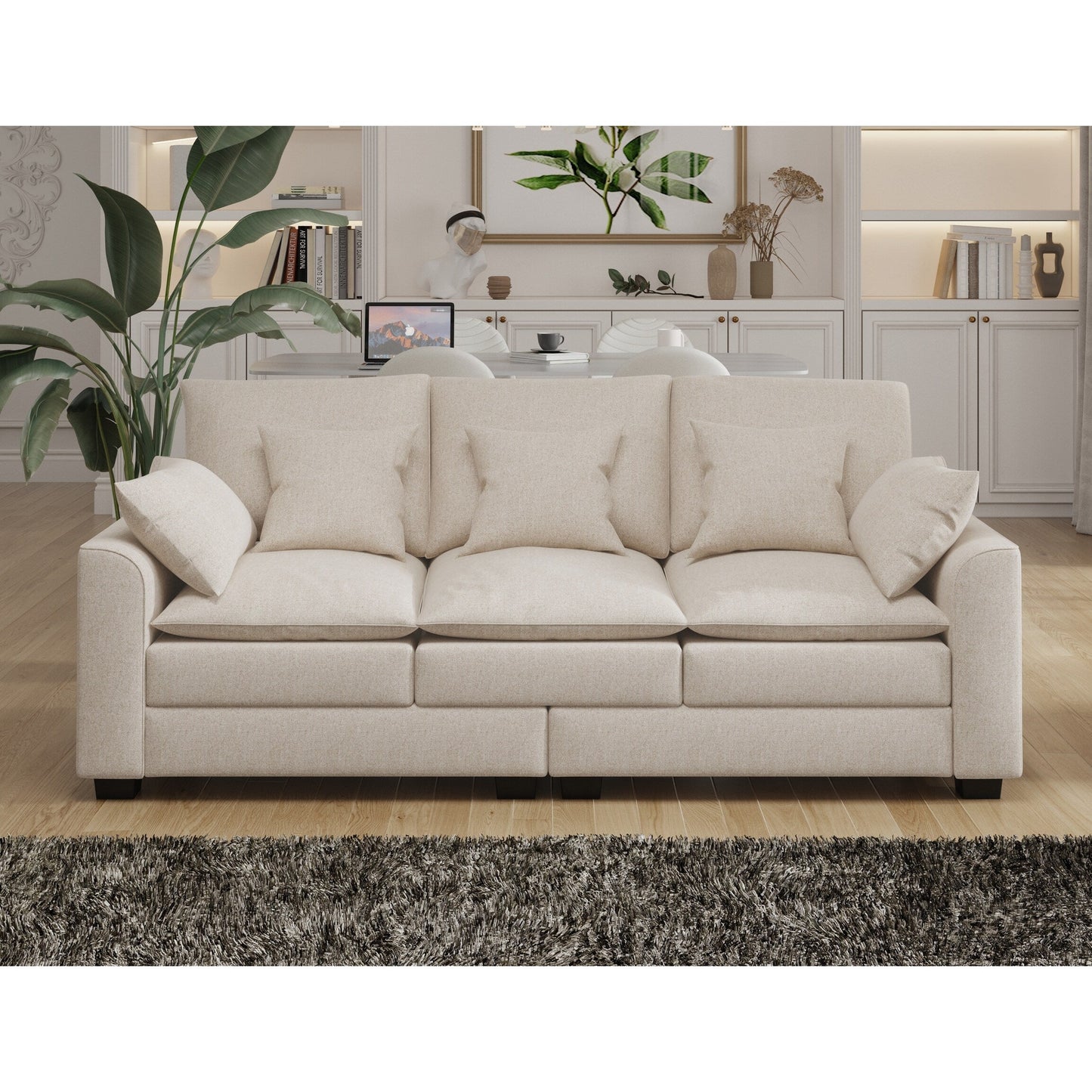 Polyester 3-seater Sofa with Pillows and Wood Legs