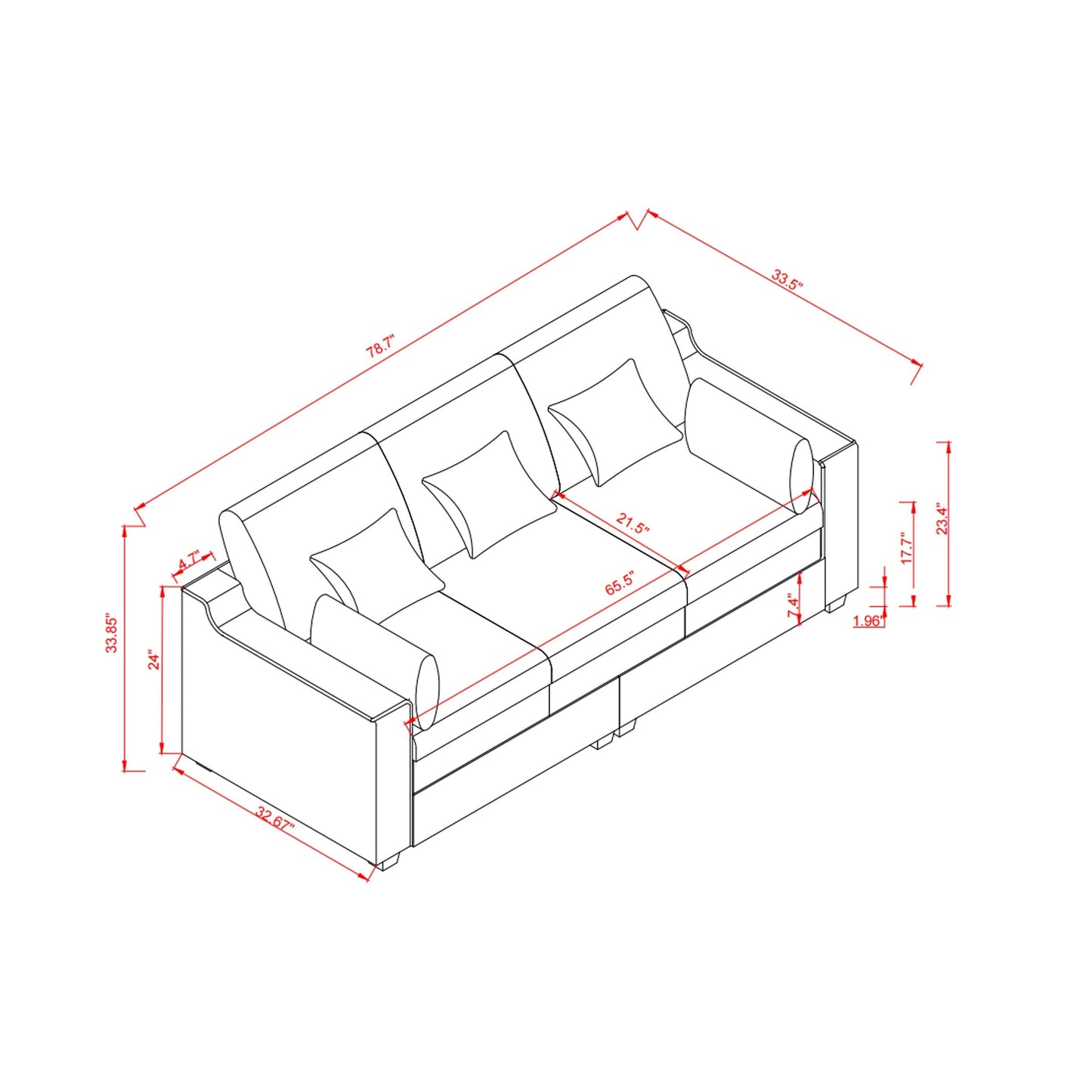 Polyester 3-seater Sofa with Pillows and Wood Legs