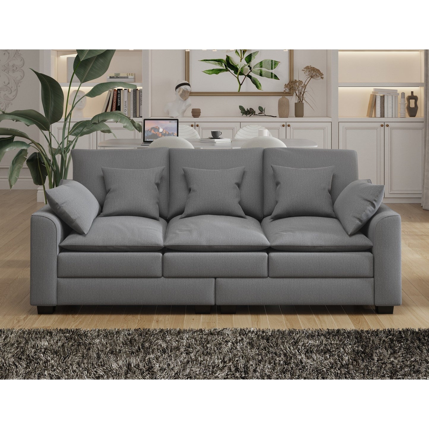 Polyester 3-seater Sofa with Pillows and Wood Legs