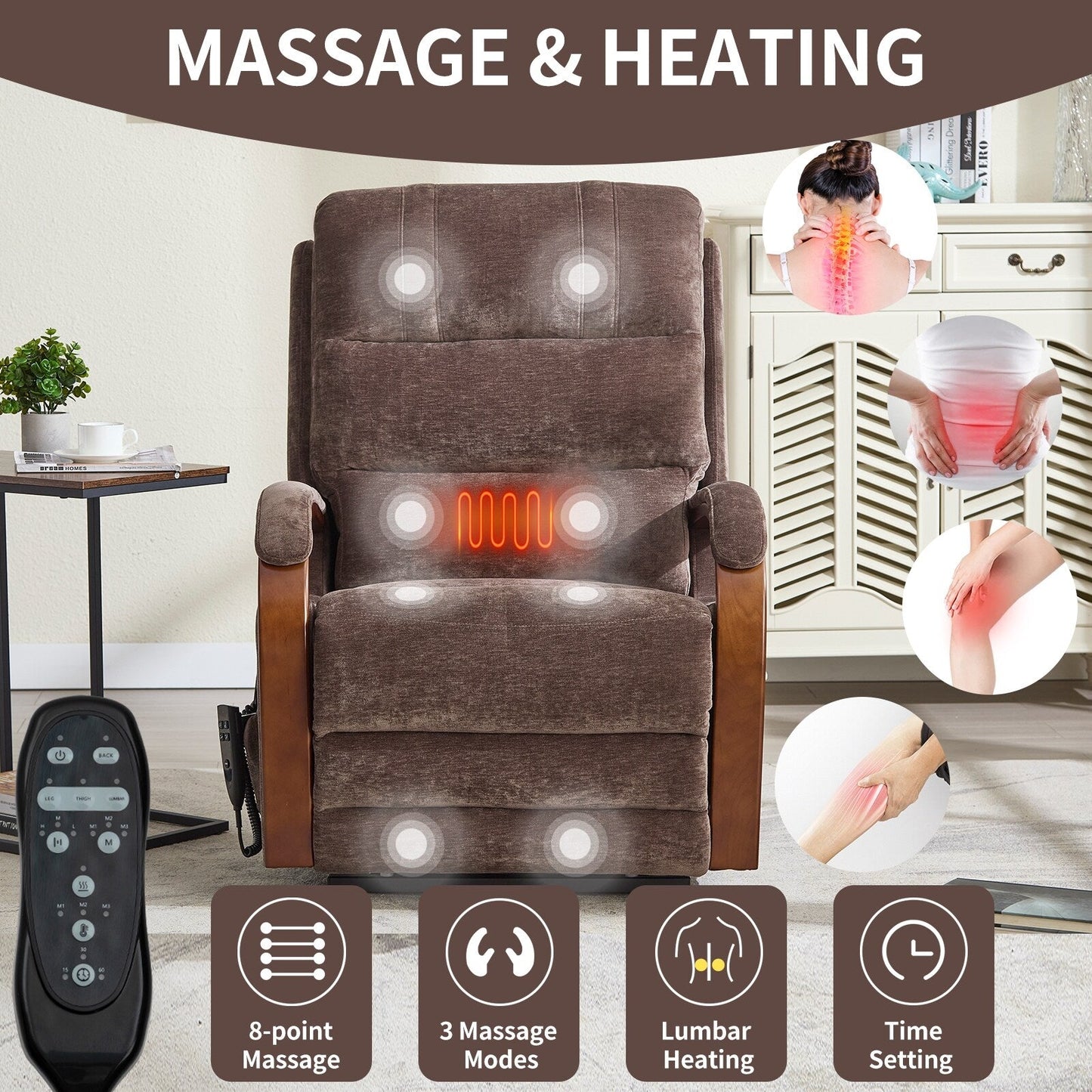 Power Lift Recliner Chair Dual Motor Infinite Position with Solid Wood Armrests, Heat Massage and Heavy Duty Motion Mechanism