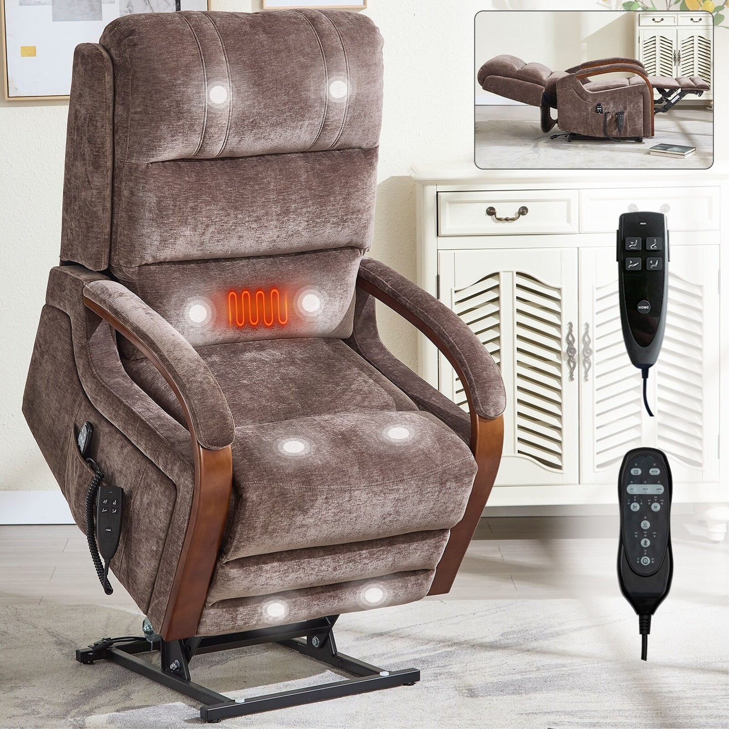 Power Lift Recliner Chair Dual Motor Infinite Position with Solid Wood Armrests, Heat Massage and Heavy Duty Motion Mechanism