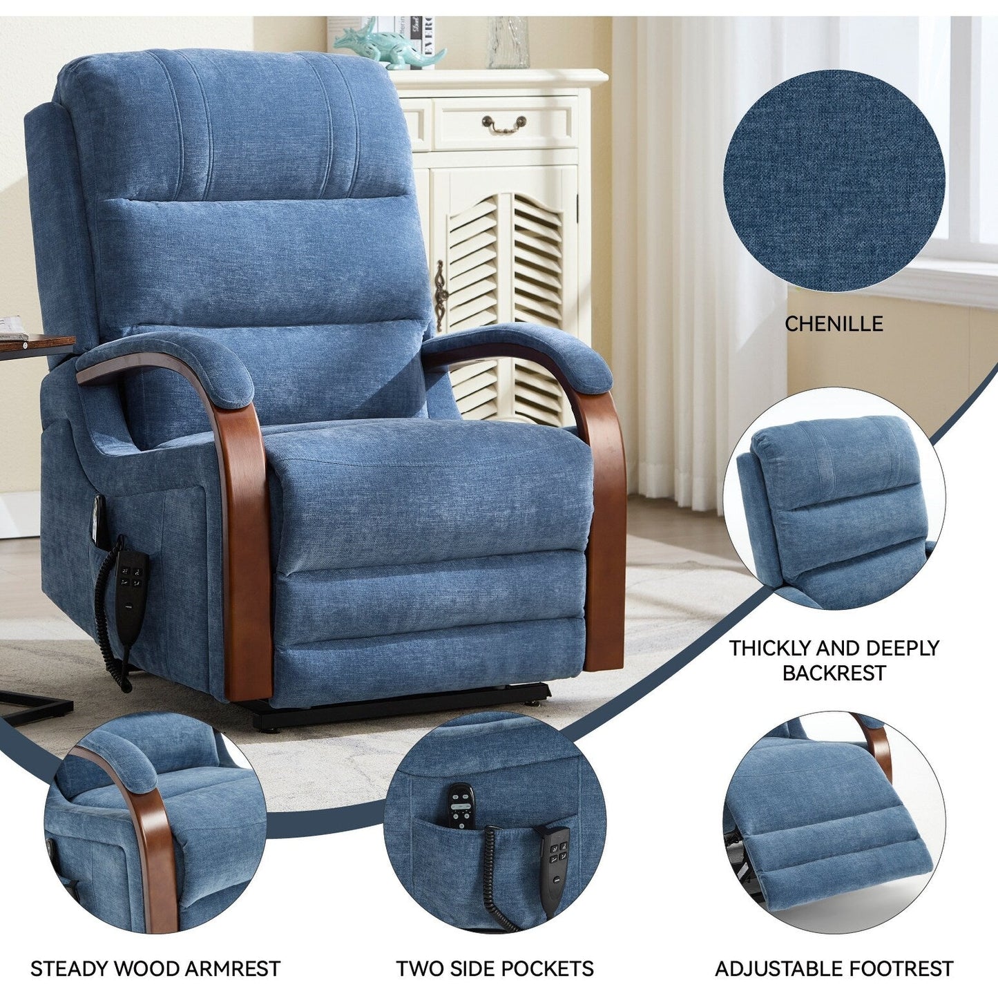 Power Lift Recliner Chair Dual Motor Infinite Position with Solid Wood Armrests, Heat Massage and Heavy Duty Motion Mechanism
