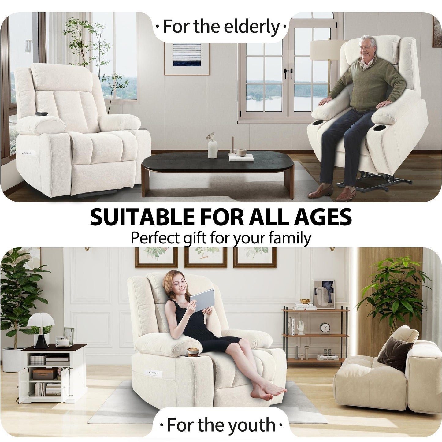 Power Lift Recliner Chair For Elderly,Fabric Lift Chairs W/ Extended Footrest With 2 Cup Holders,Side Pockets,Remote Control