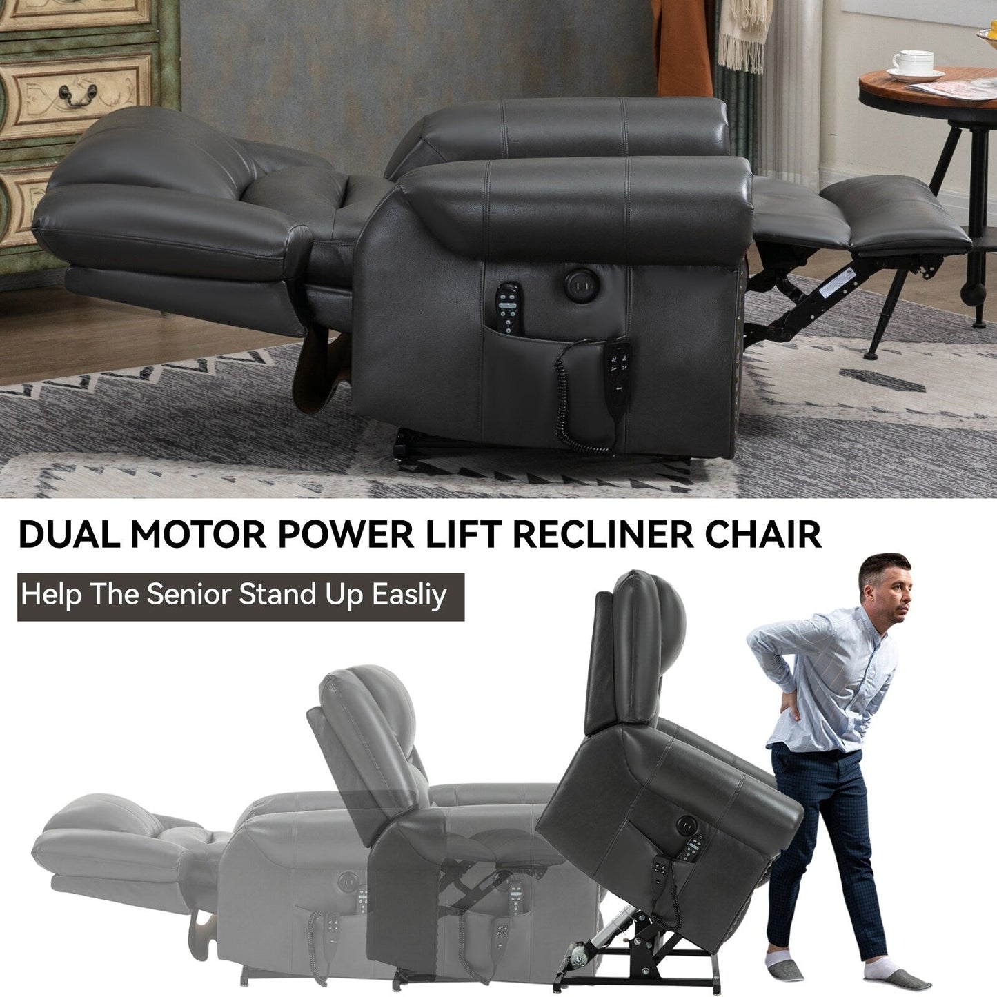 Power Lift Recliner Chair Heat Massage Dual Motor Infinite Position Up to 350 LBS, Heavy Duty Motion Mechanism with USB Ports