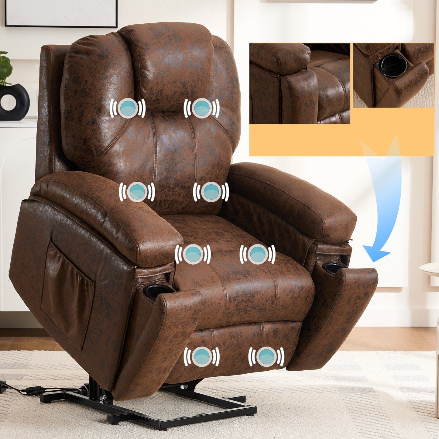 Power Lift Recliner Chair Overstuffed Wide Massage Chair Heavy Duty and Safety Motion Reclining Mechanism with Side Pockets