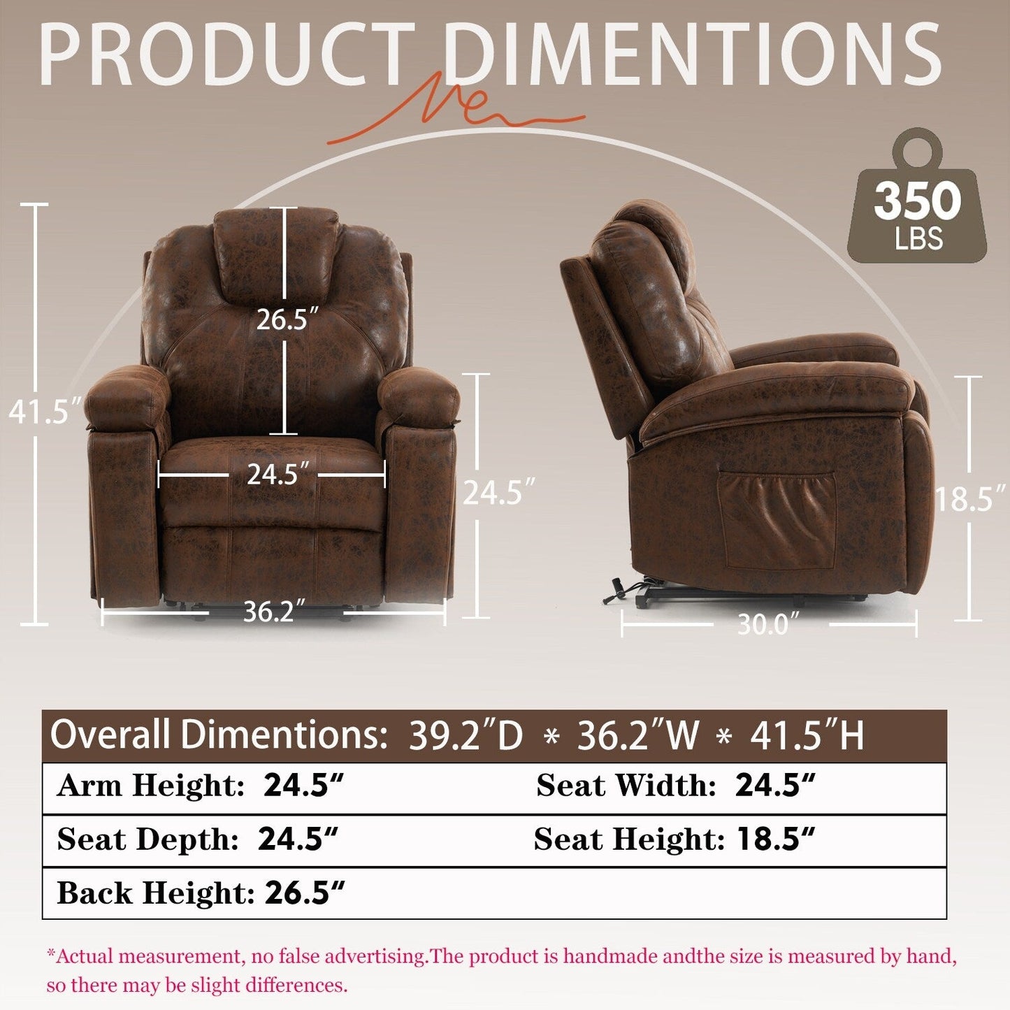 Power Lift Recliner Chair Overstuffed Wide Massage Chair Heavy Duty and Safety Motion Reclining Mechanism with Side Pockets