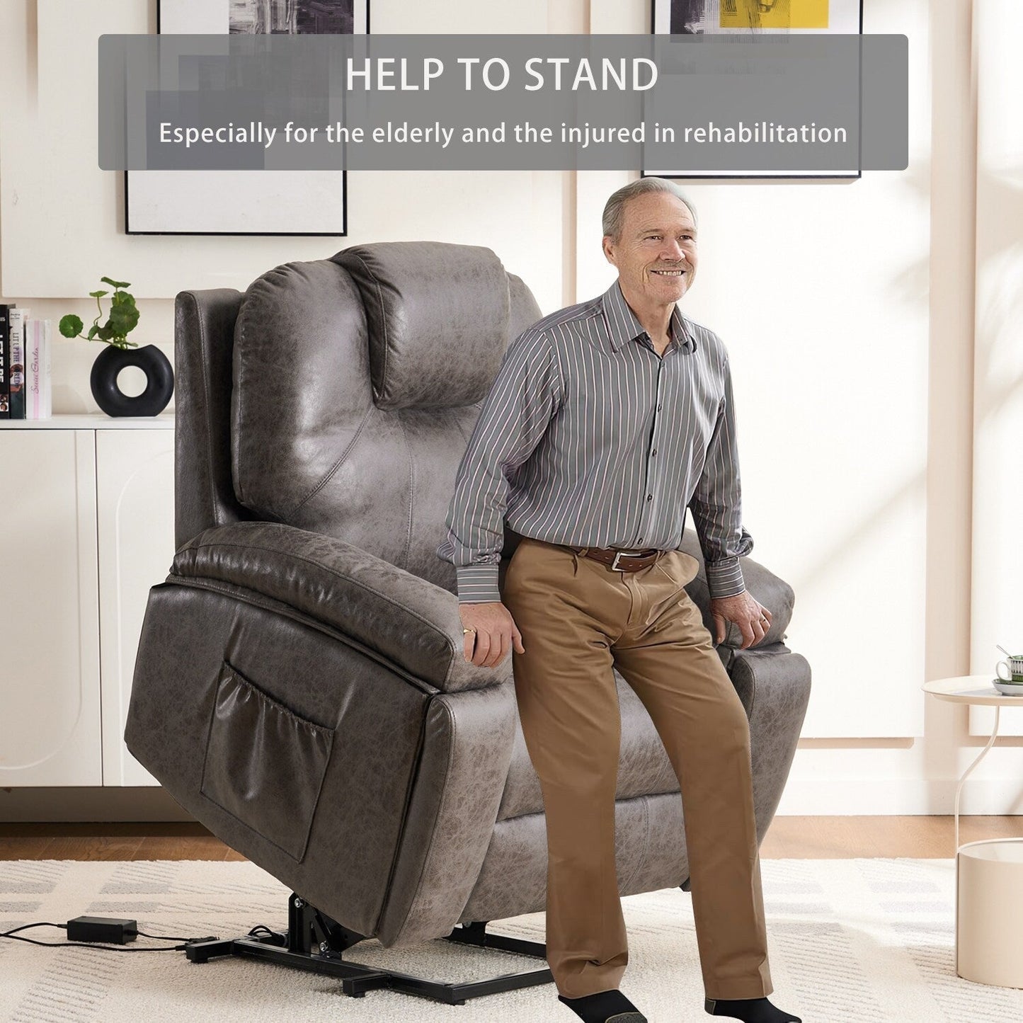 Power Lift Recliner Chair Overstuffed Wide Massage Chair Heavy Duty and Safety Motion Reclining Mechanism with Side Pockets