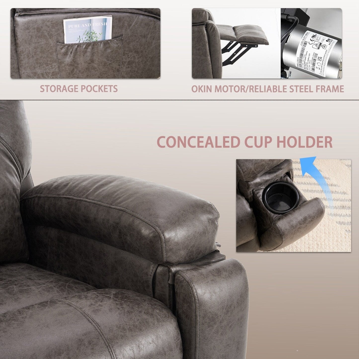 Power Lift Recliner Chair Overstuffed Wide Massage Chair Heavy Duty and Safety Motion Reclining Mechanism with Side Pockets