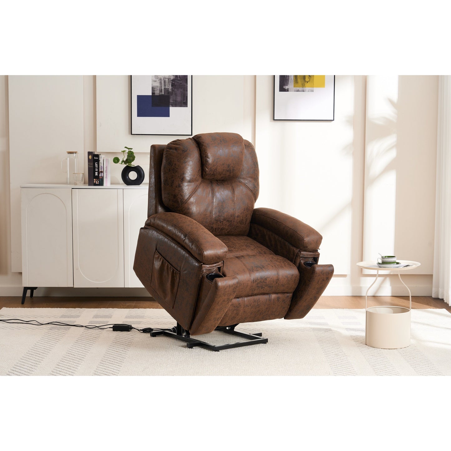 Power Lift Recliner Chair Overstuffed Wide Massage Chair Heavy Duty and Safety Motion Reclining Mechanism with Side Pockets