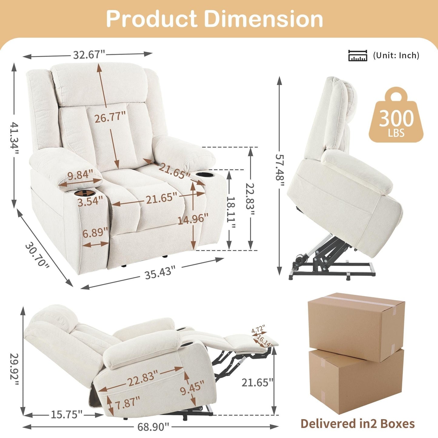 Power Lift Recliner Chair for Elderly, Classic Single Sofa with 2 Cup Holders,Side Pockets,Remote Control