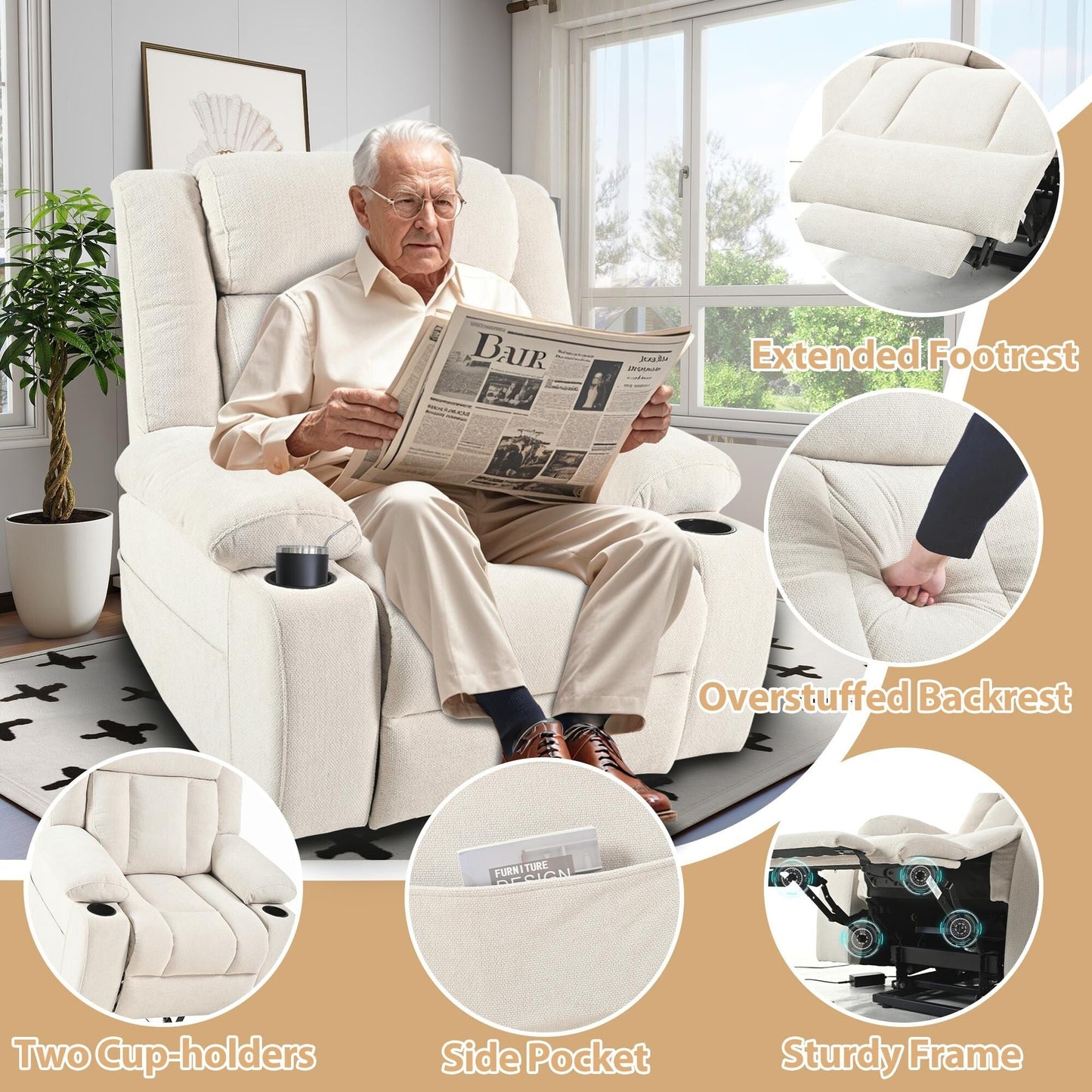 Power Lift Recliner Chair for Elderly, Classic Single Sofa with 2 Cup Holders,Side Pockets,Remote Control