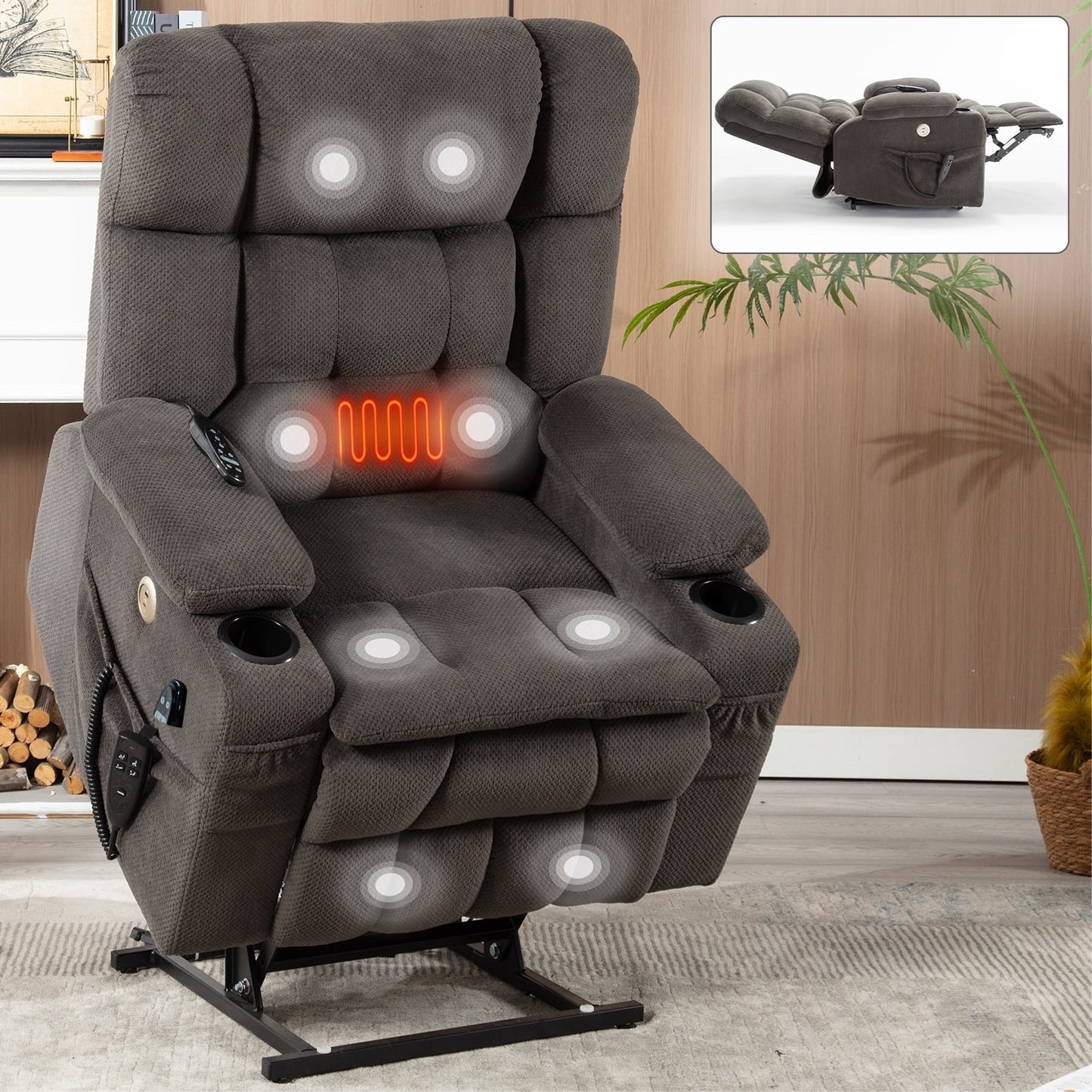 Power Lift Recliner Chair with Dual Motors, 8-Point Vibration Massage & Lumbar Heat, Dual Cup Holders & Side Pockets