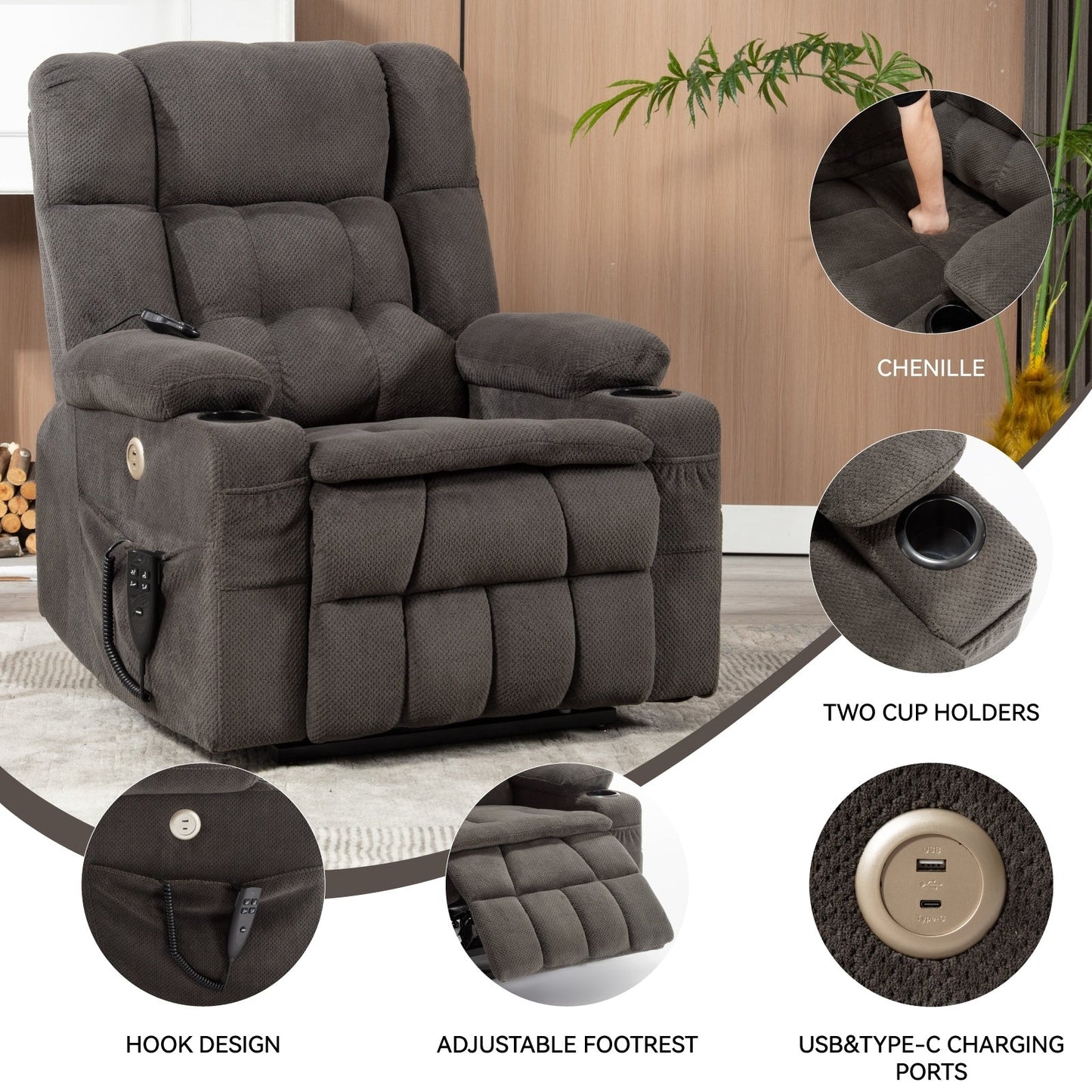 Power Lift Recliner Chair with Dual Motors, 8-Point Vibration Massage & Lumbar Heat, Dual Cup Holders & Side Pockets