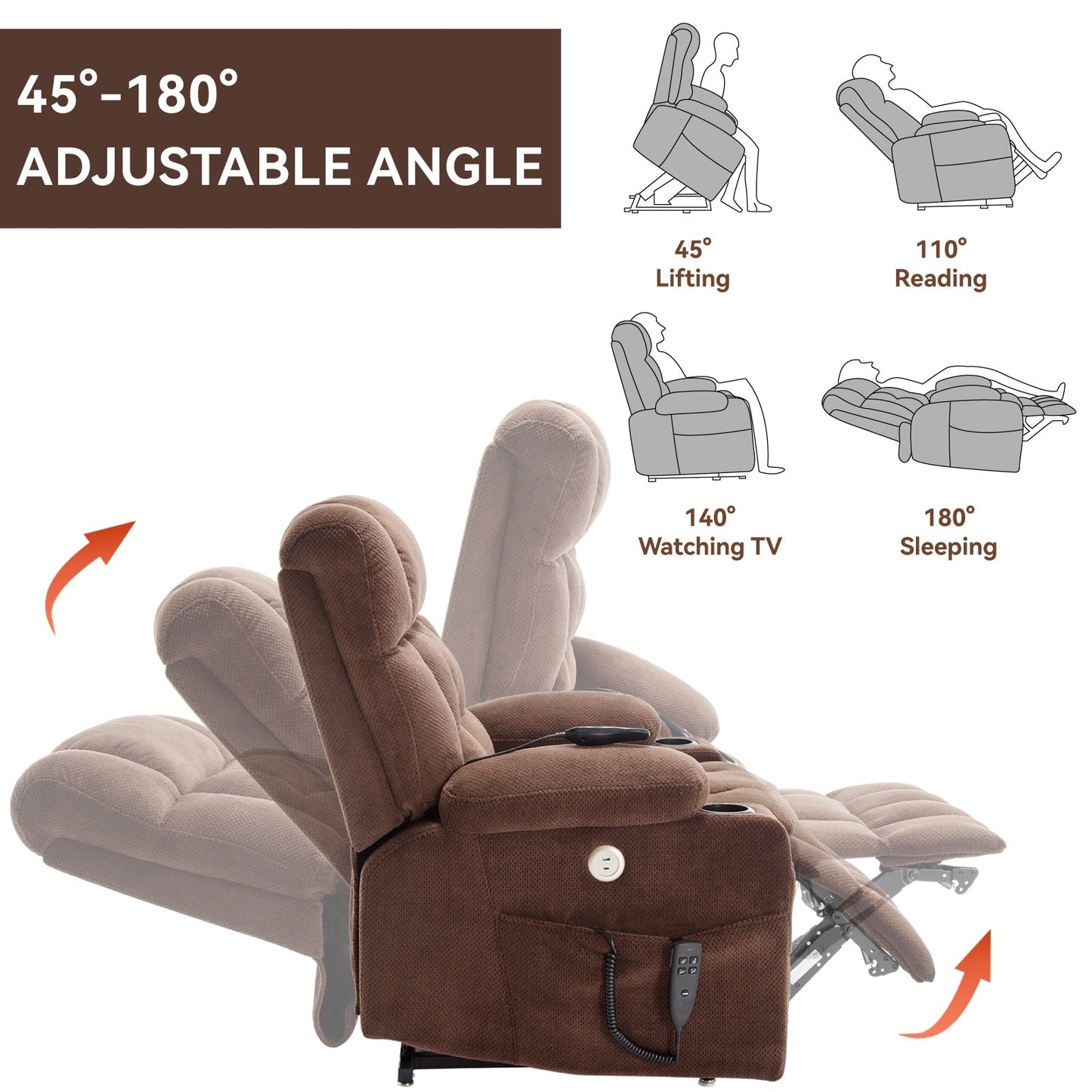 Power Lift Recliner Chair with Dual Motors, 8-Point Vibration Massage & Lumbar Heat, Dual Cup Holders & Side Pockets