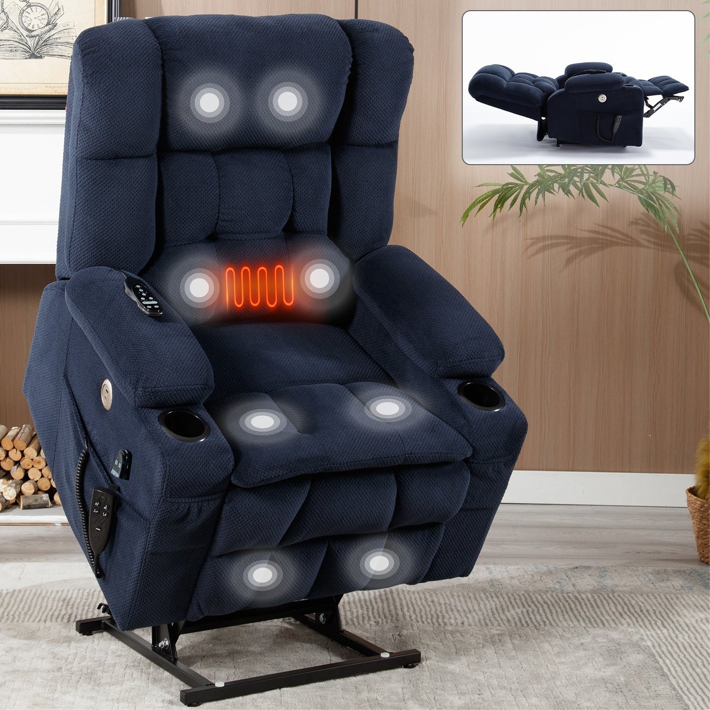Power Lift Recliner Chair with Dual Motors, 8-Point Vibration Massage & Lumbar Heat, Dual Cup Holders & Side Pockets