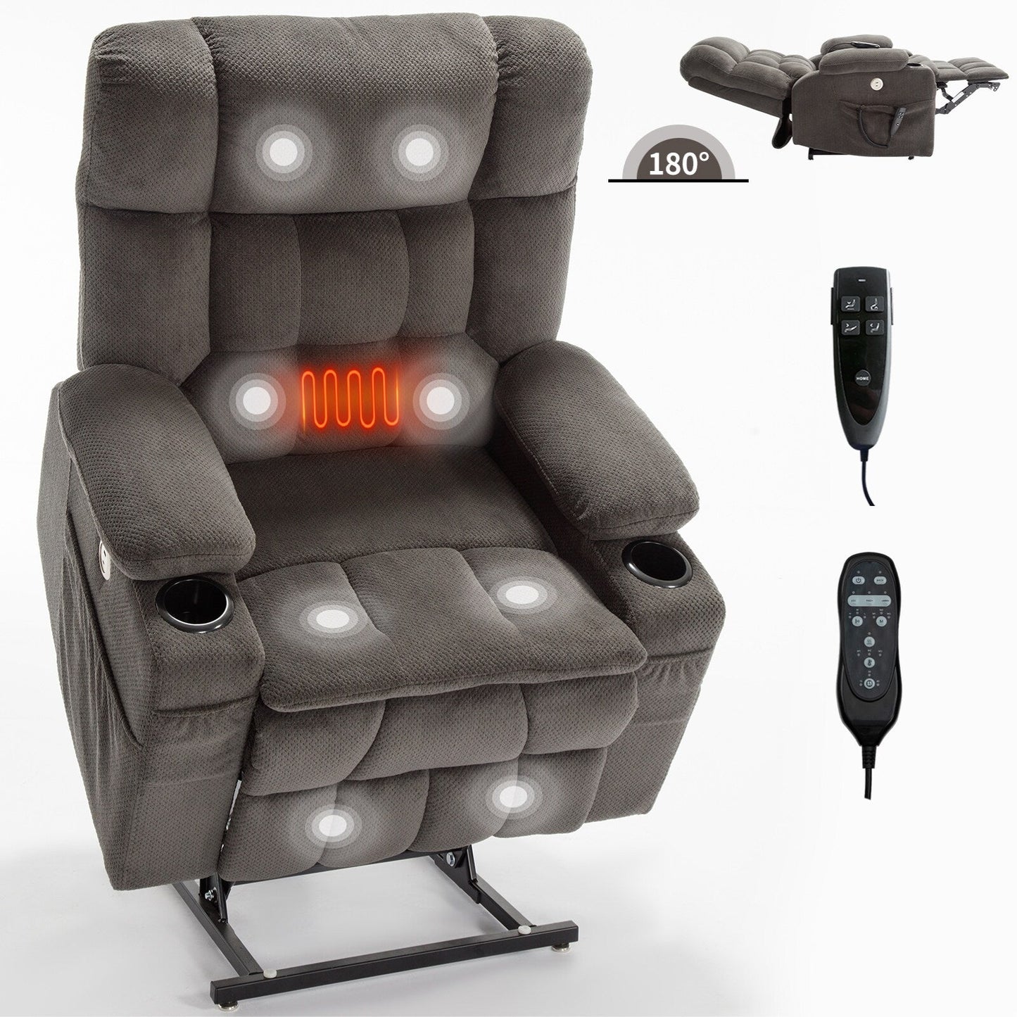 Power Lift Recliner Chair with Dual Motors, 8-Point Vibration Massage & Lumbar Heat, Dual Cup Holders & Side Pockets