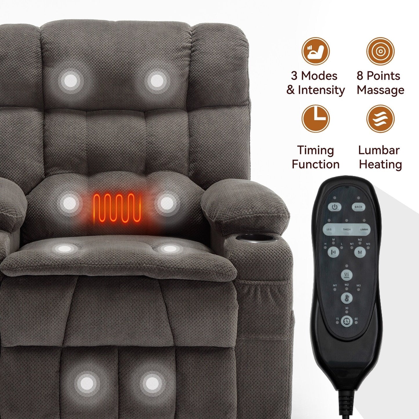 Power Lift Recliner Chair with Dual Motors, 8-Point Vibration Massage & Lumbar Heat, Dual Cup Holders & Side Pockets
