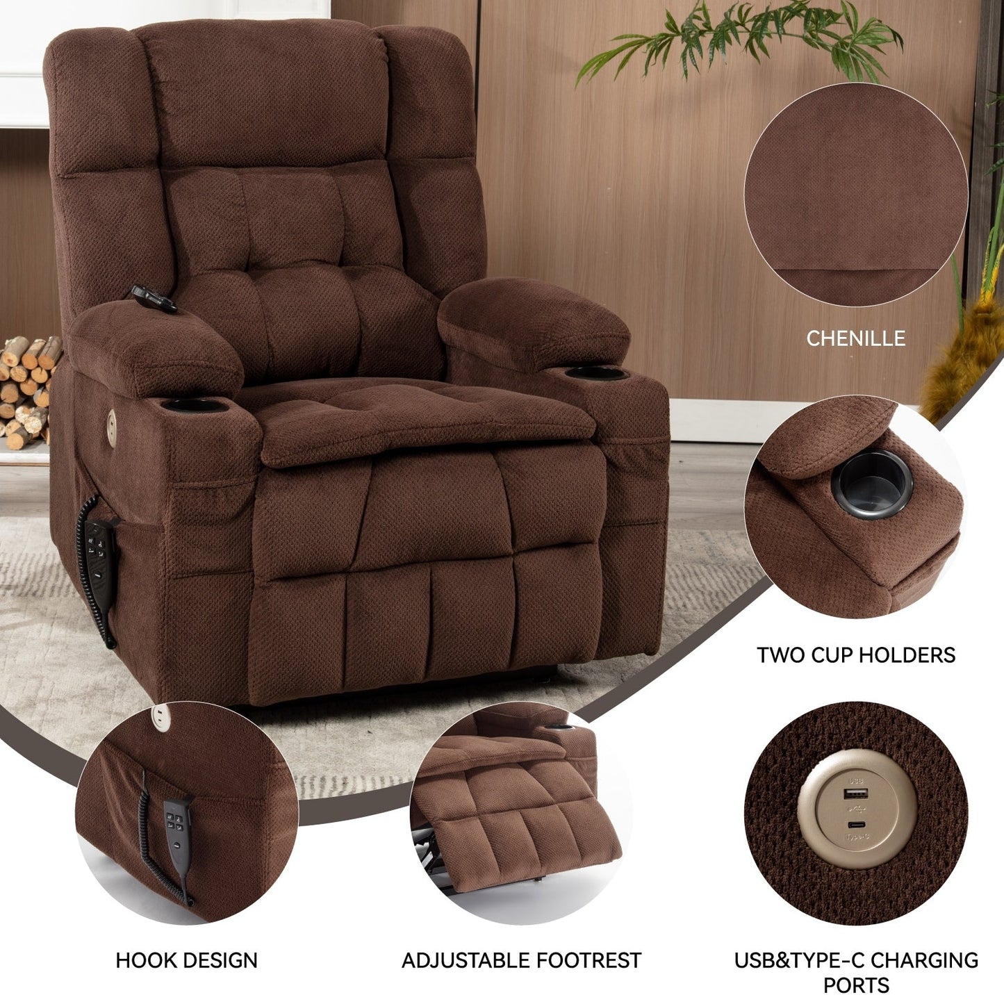 Power Lift Recliner Chair with Dual Motors, 8-Point Vibration Massage & Lumbar Heat, Dual Cup Holders & Side Pockets