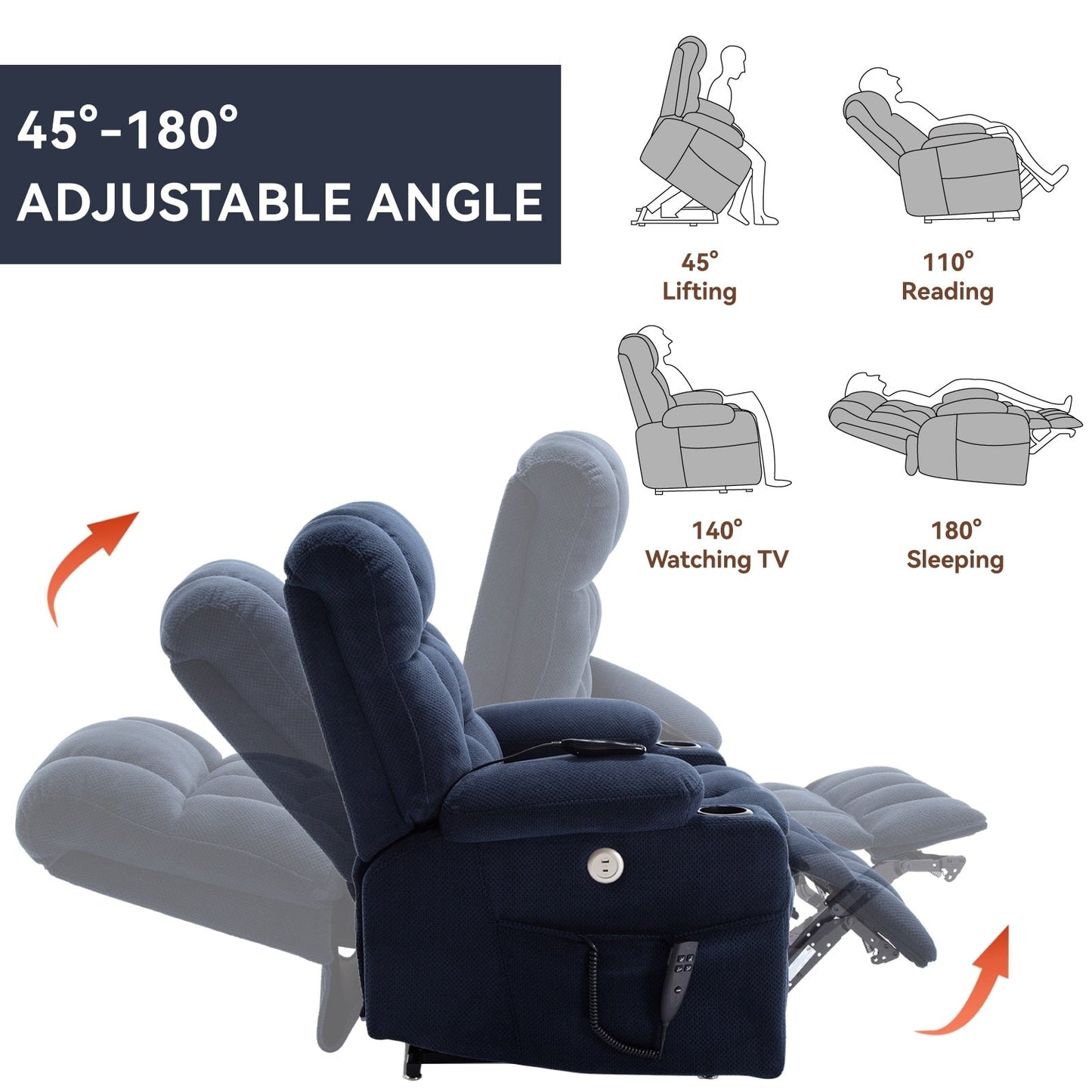 Power Lift Recliner Chair with Dual Motors, 8-Point Vibration Massage & Lumbar Heat, Dual Cup Holders & Side Pockets