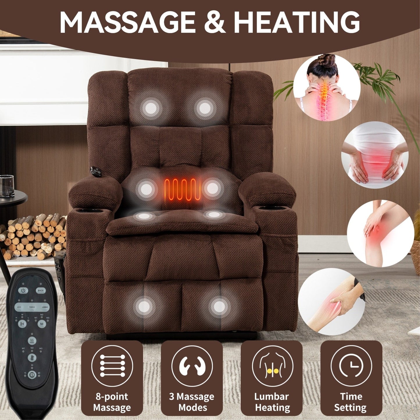 Power Lift Recliner Chair with Dual Motors, 8-Point Vibration Massage & Lumbar Heat, Dual Cup Holders & Side Pockets