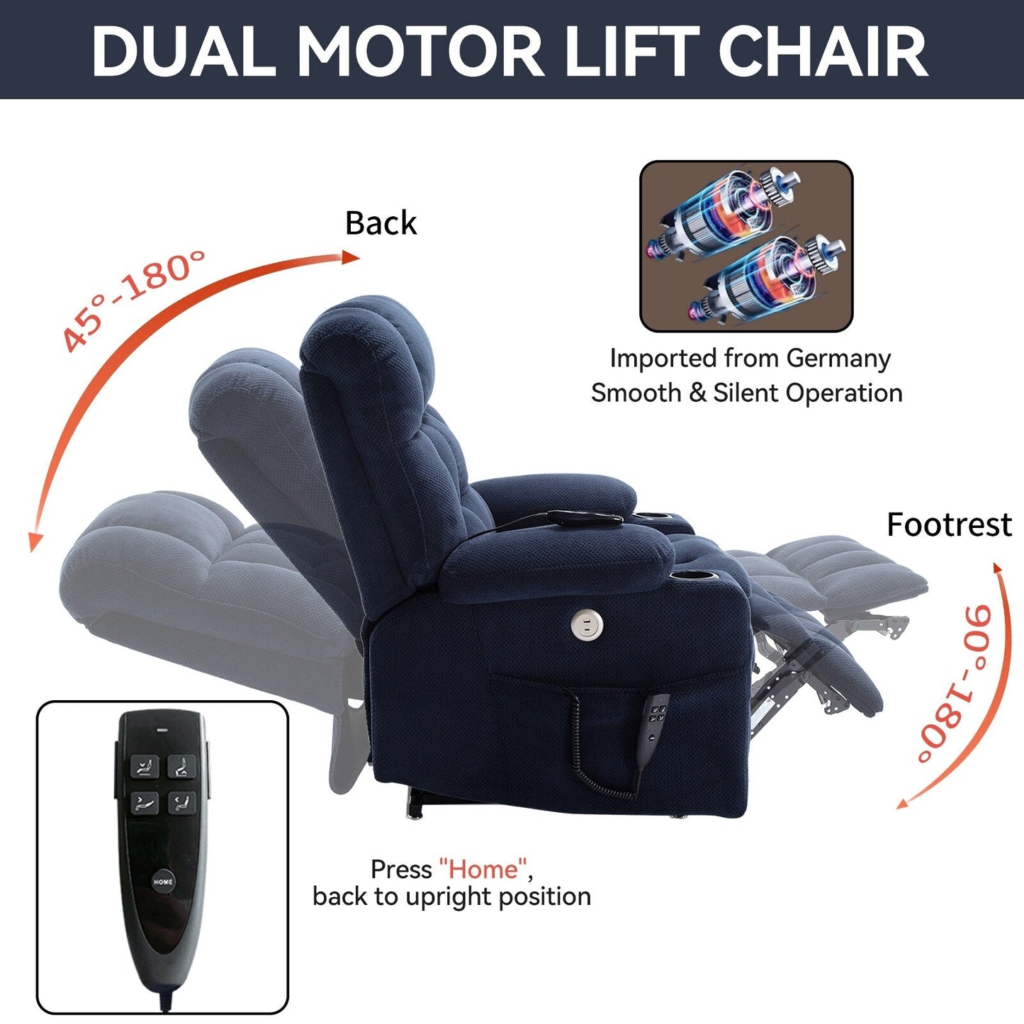 Power Lift Recliner Chair with Dual Motors, 8-Point Vibration Massage & Lumbar Heat, Dual Cup Holders & Side Pockets