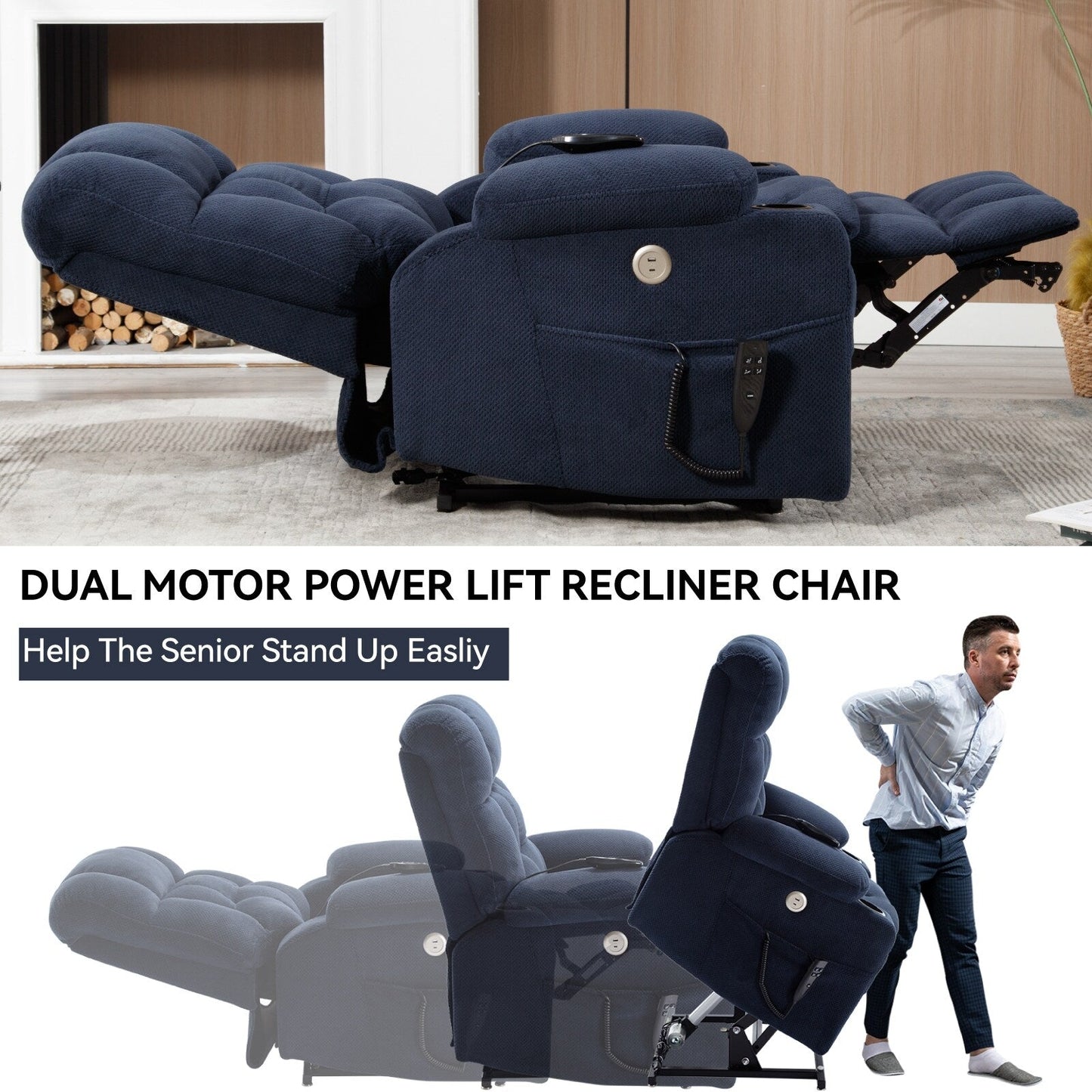 Power Lift Recliner Chair with Dual Motors, 8-Point Vibration Massage & Lumbar Heat, Dual Cup Holders & Side Pockets