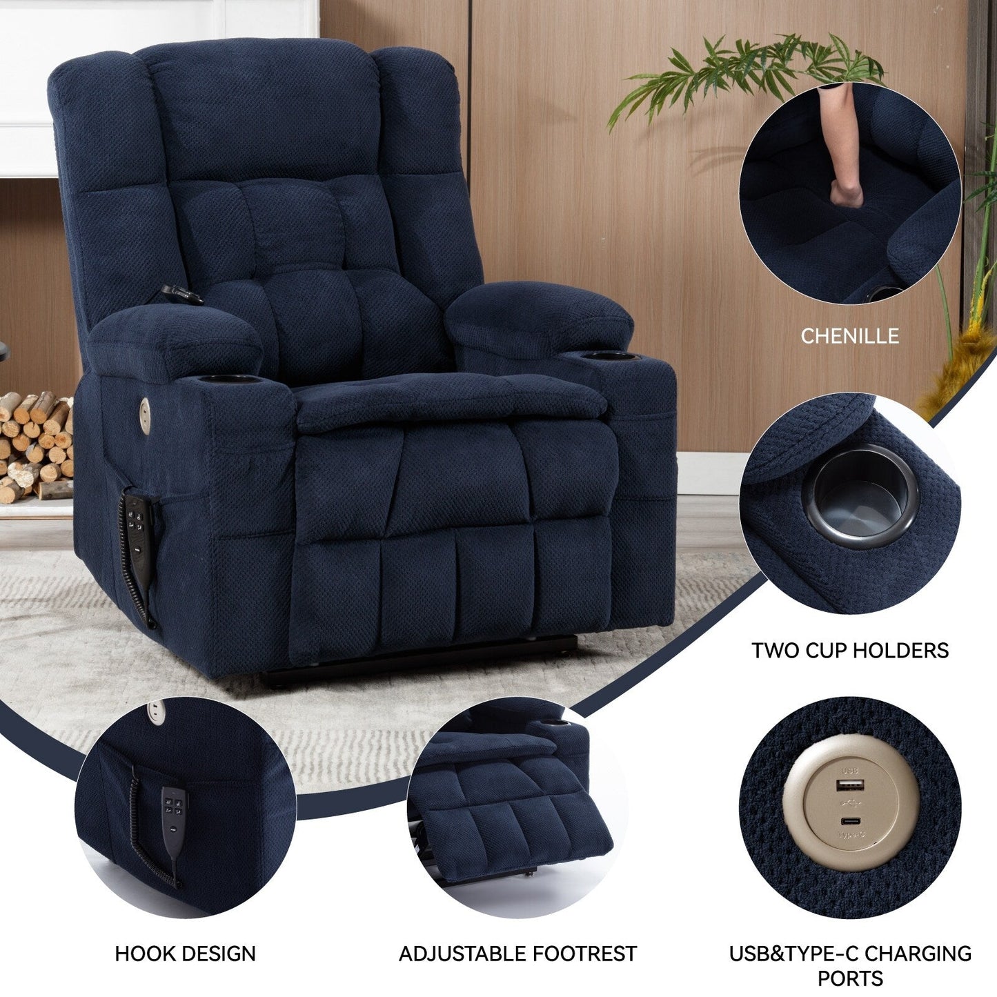 Power Lift Recliner Chair with Dual Motors, 8-Point Vibration Massage & Lumbar Heat, Dual Cup Holders & Side Pockets