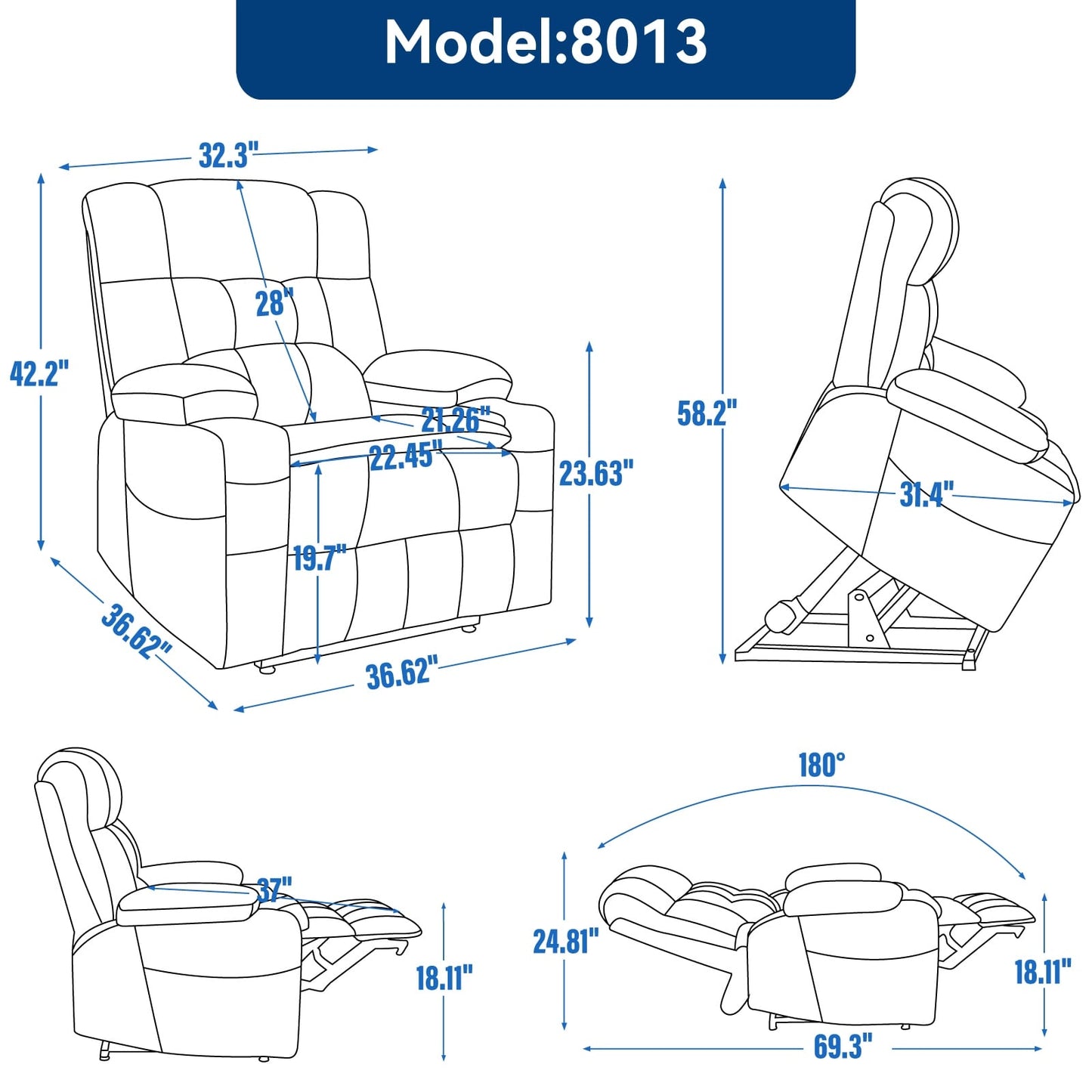 Power Lift Recliner Chair with Dual Motors, 8-Point Vibration Massage & Lumbar Heat, Dual Cup Holders & Side Pockets
