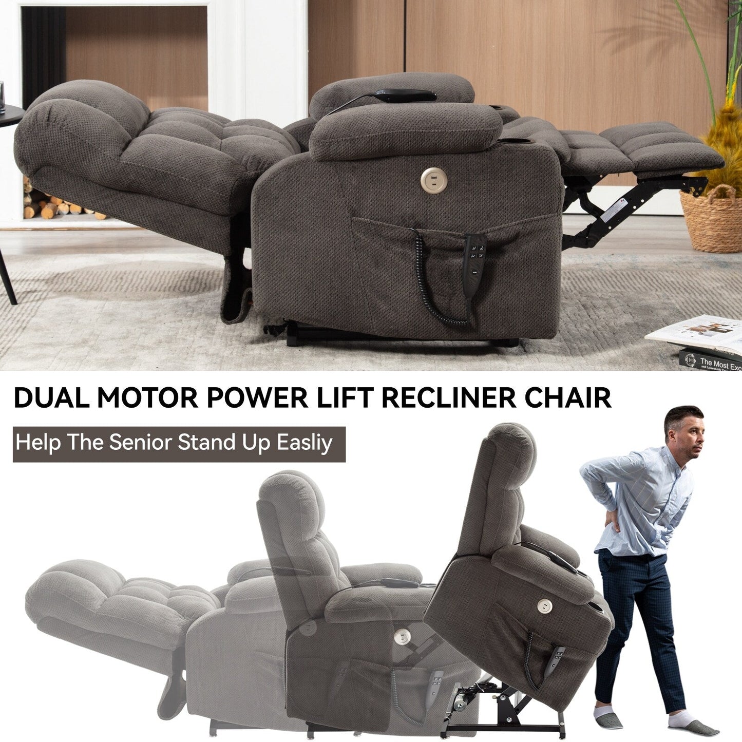 Power Lift Recliner Chair with Dual Motors, 8-Point Vibration Massage & Lumbar Heat, Dual Cup Holders & Side Pockets