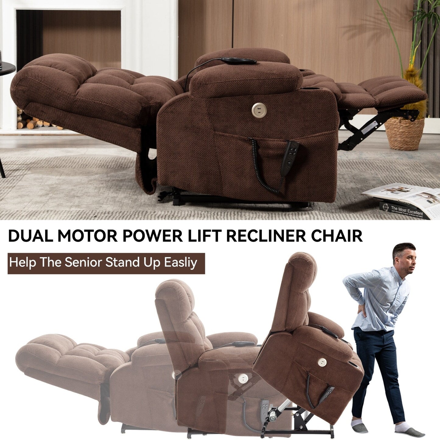 Power Lift Recliner Chair with Dual Motors, 8-Point Vibration Massage & Lumbar Heat, Dual Cup Holders & Side Pockets