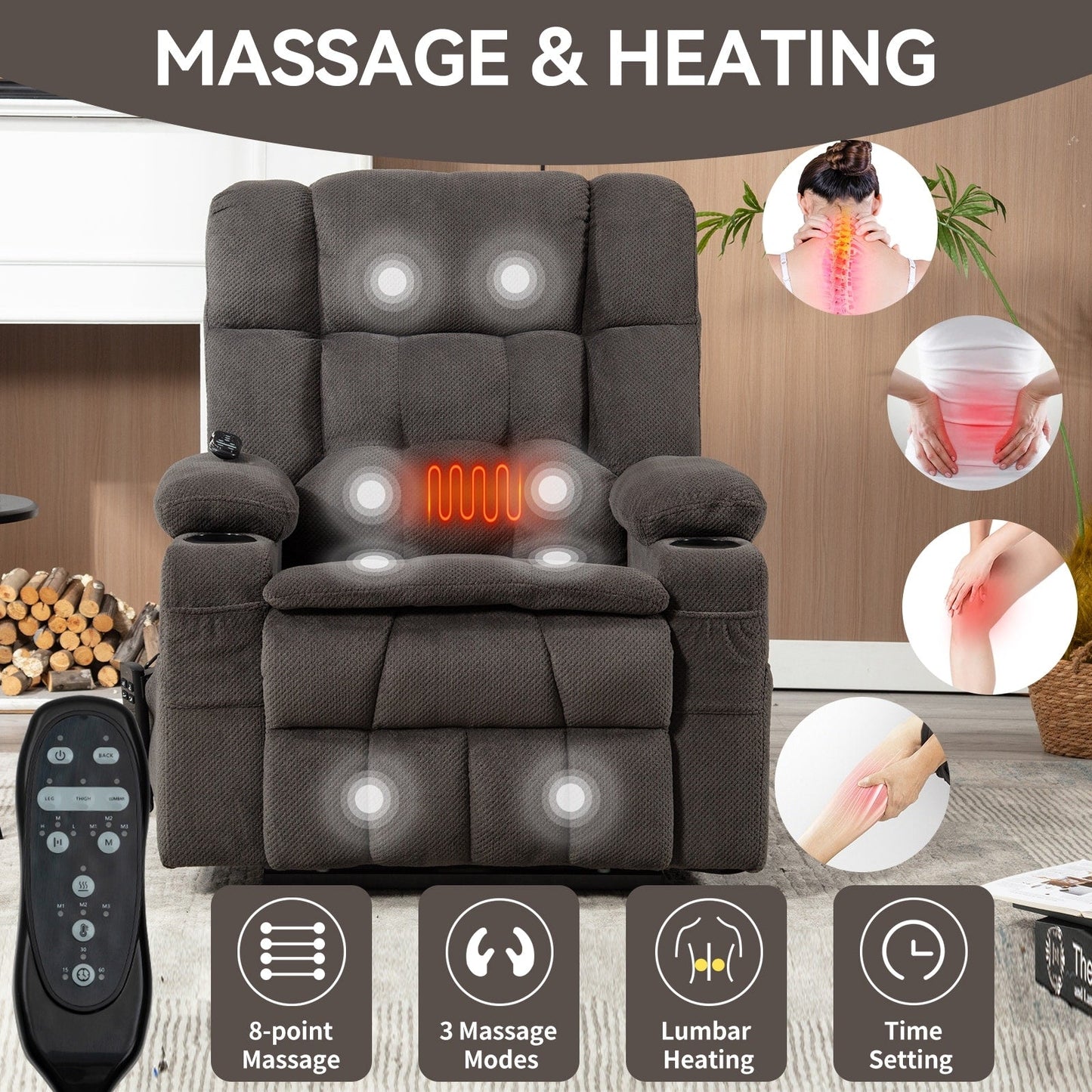 Power Lift Recliner Chair with Dual Motors, 8-Point Vibration Massage & Lumbar Heat, Dual Cup Holders & Side Pockets