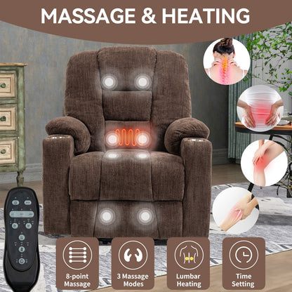 Power Lift Recliner Chair with Dual USB Ports, Cup Holders, Chenille Fabric, 155° Recline, Easy Assembly