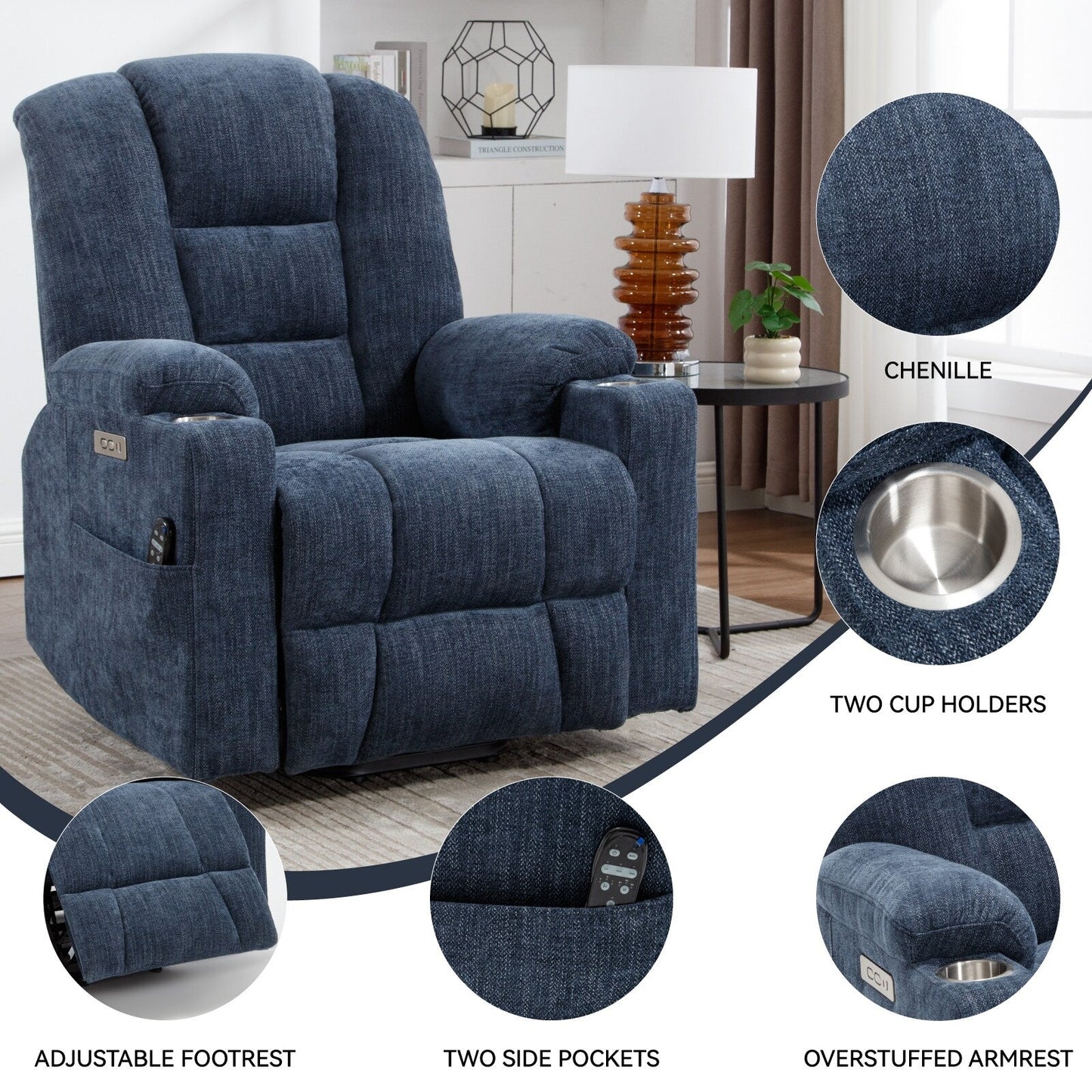 Power Lift Recliner Chair with Dual USB Ports, Cup Holders, Chenille Fabric, 155° Recline, Easy Assembly