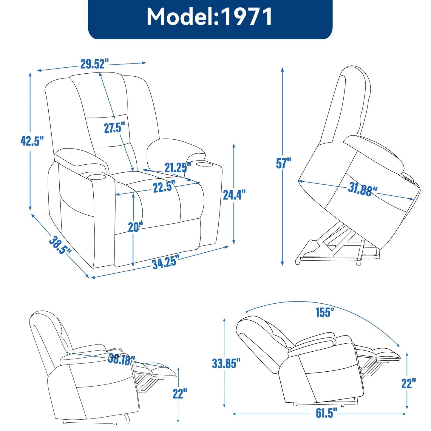 Power Lift Recliner Chair with Dual USB Ports, Cup Holders, Chenille Fabric, 155° Recline, Easy Assembly