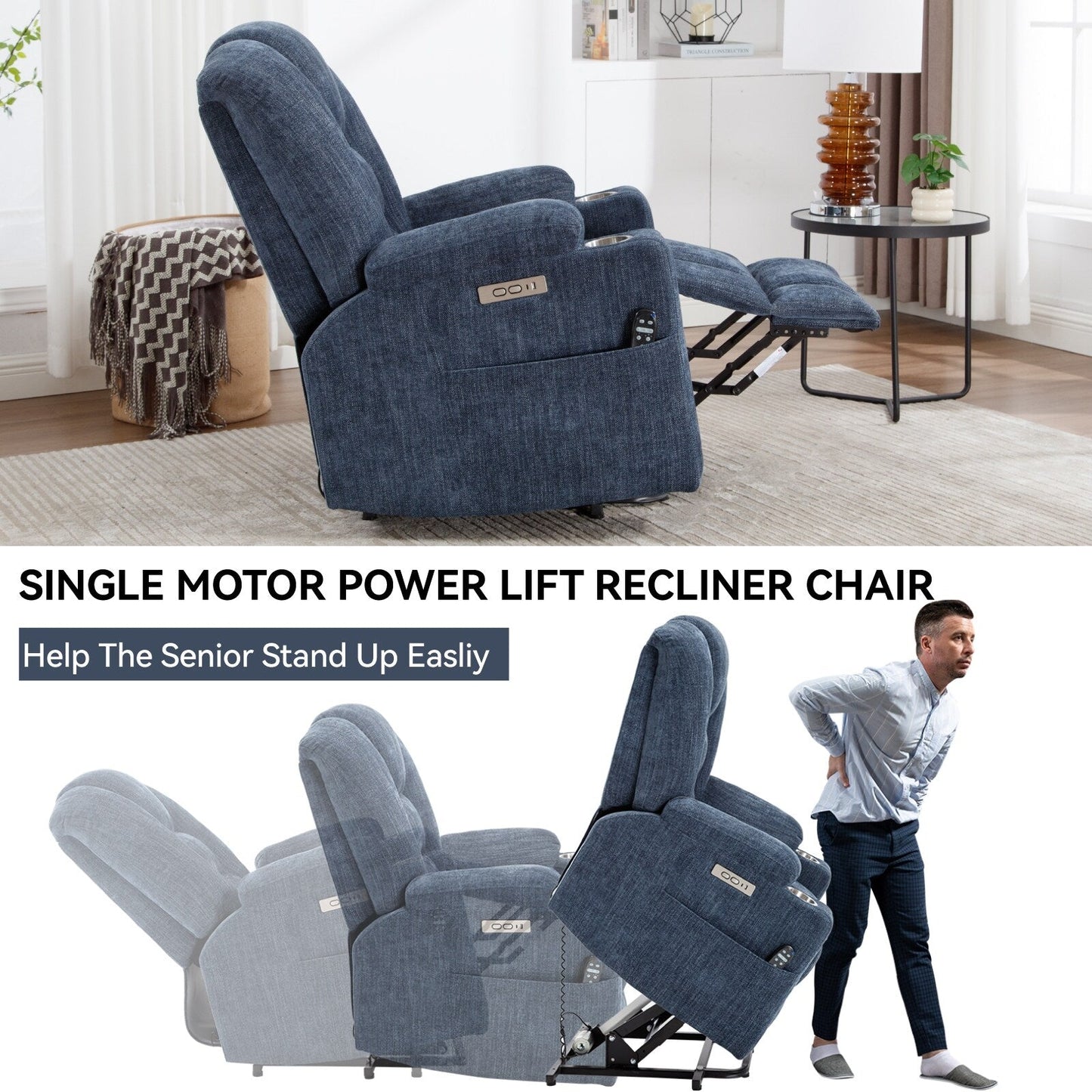 Power Lift Recliner Chair with Dual USB Ports, Cup Holders, Chenille Fabric, 155° Recline, Easy Assembly