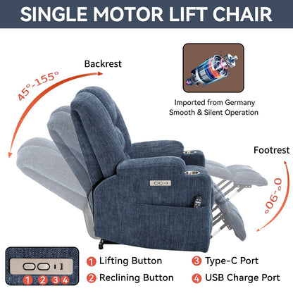 Power Lift Recliner Chair with Dual USB Ports, Cup Holders, Chenille Fabric, 155° Recline, Easy Assembly
