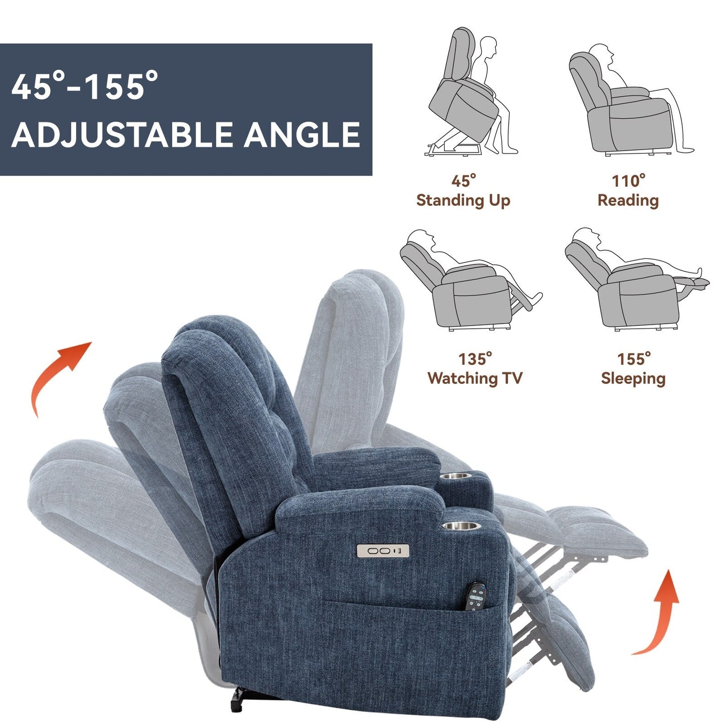 Power Lift Recliner Chair with Dual USB Ports, Cup Holders, Chenille Fabric, 155° Recline, Easy Assembly