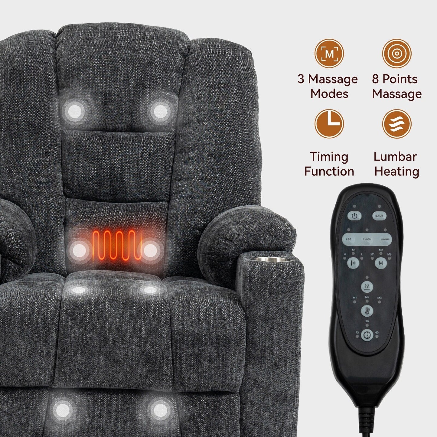 Power Lift Recliner Chair with Dual USB Ports, Cup Holders, Chenille Fabric, 155° Recline, Easy Assembly