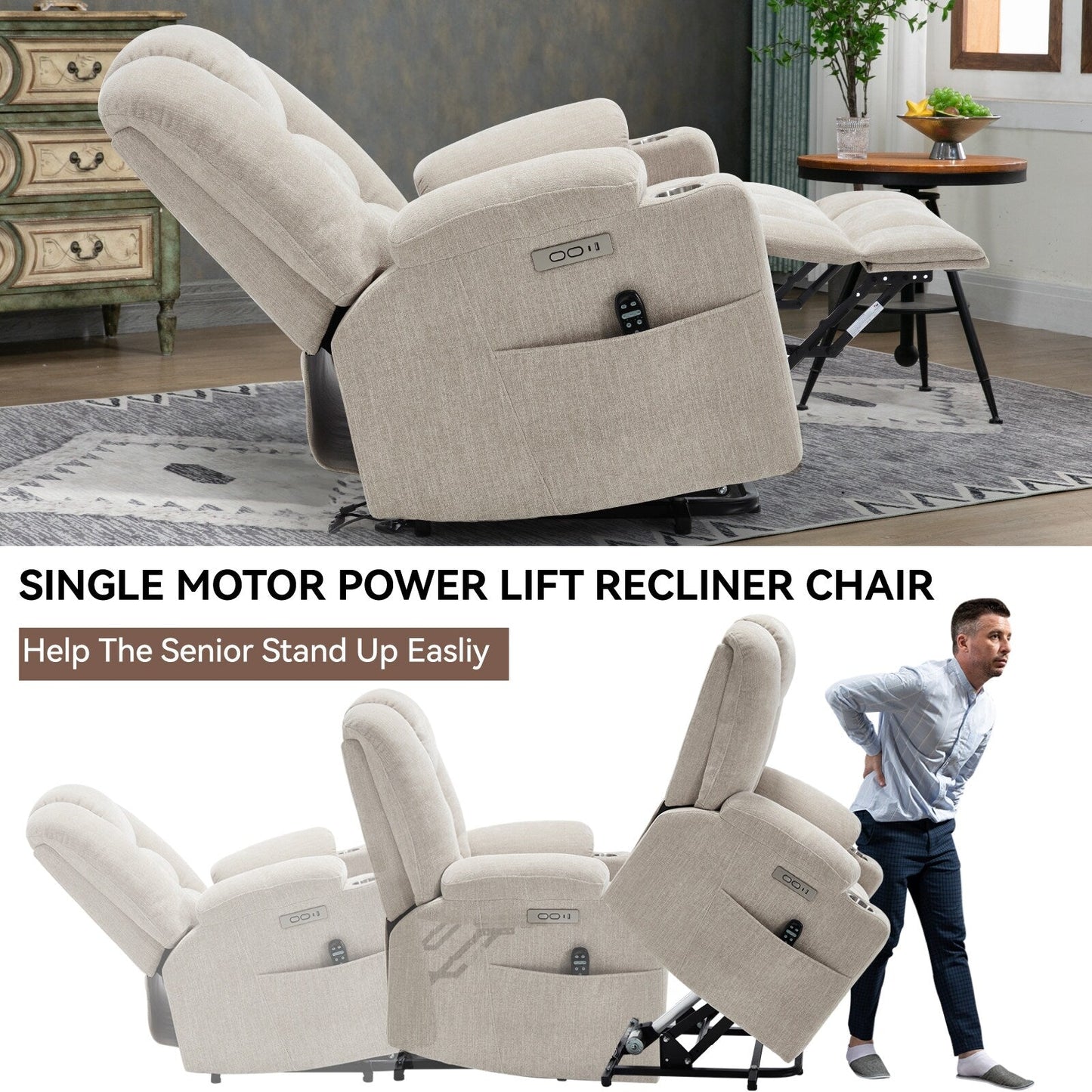 Power Lift Recliner Chair with Dual USB Ports, Cup Holders, Chenille Fabric, 155° Recline, Easy Assembly