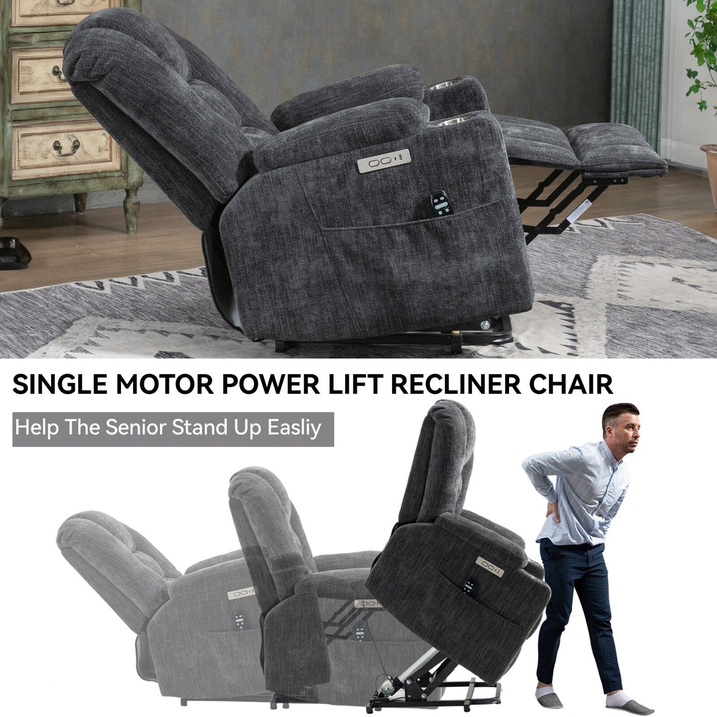 Power Lift Recliner Chair with Dual USB Ports, Cup Holders, Chenille Fabric, 155° Recline, Easy Assembly