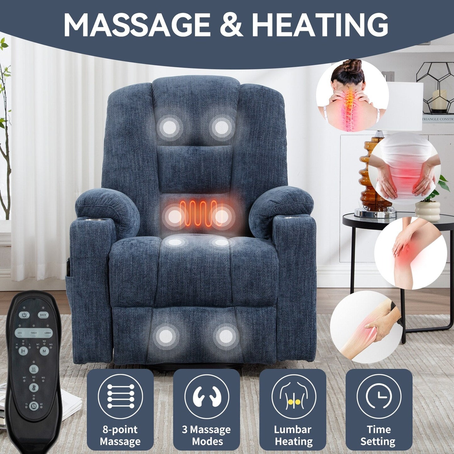 Power Lift Recliner Chair with Dual USB Ports, Cup Holders, Chenille Fabric, 155° Recline, Easy Assembly